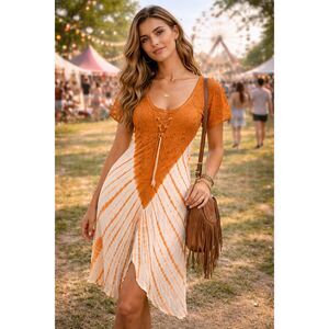 Boho Tie Dye Dress  Festival Lace-Up Midi Indie Earthy Summer Dress Cottagecore